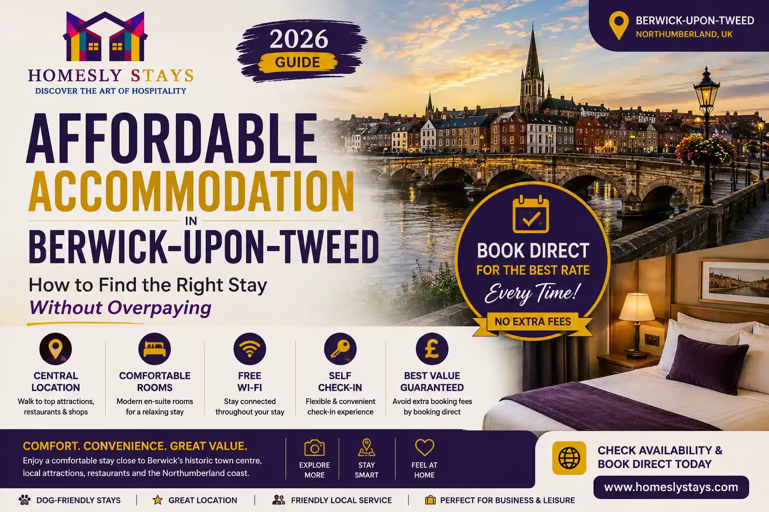 Affordable accommodation in Berwick-upon-Tweed with comfortable rooms at Homesly Stays